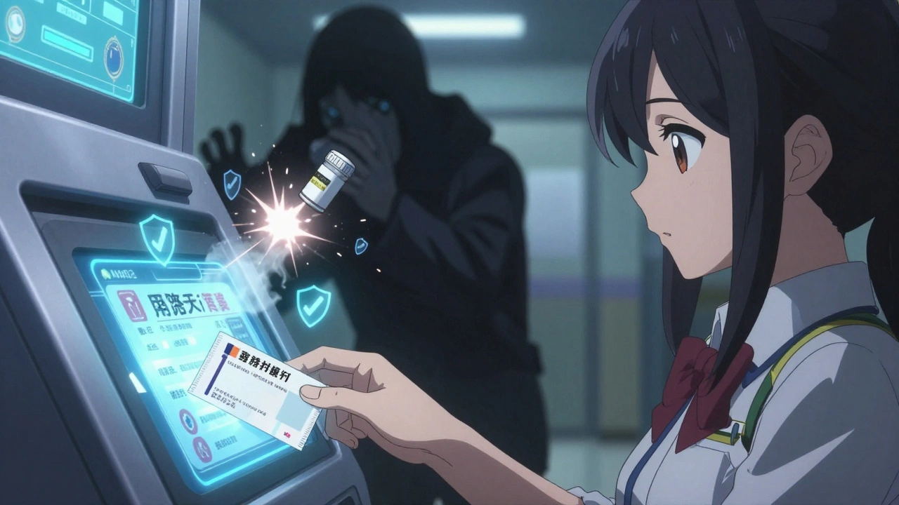 Hand placing a prescription into a kiosk with holographic license confirmation, counterfeit pills exploding into smoke.
