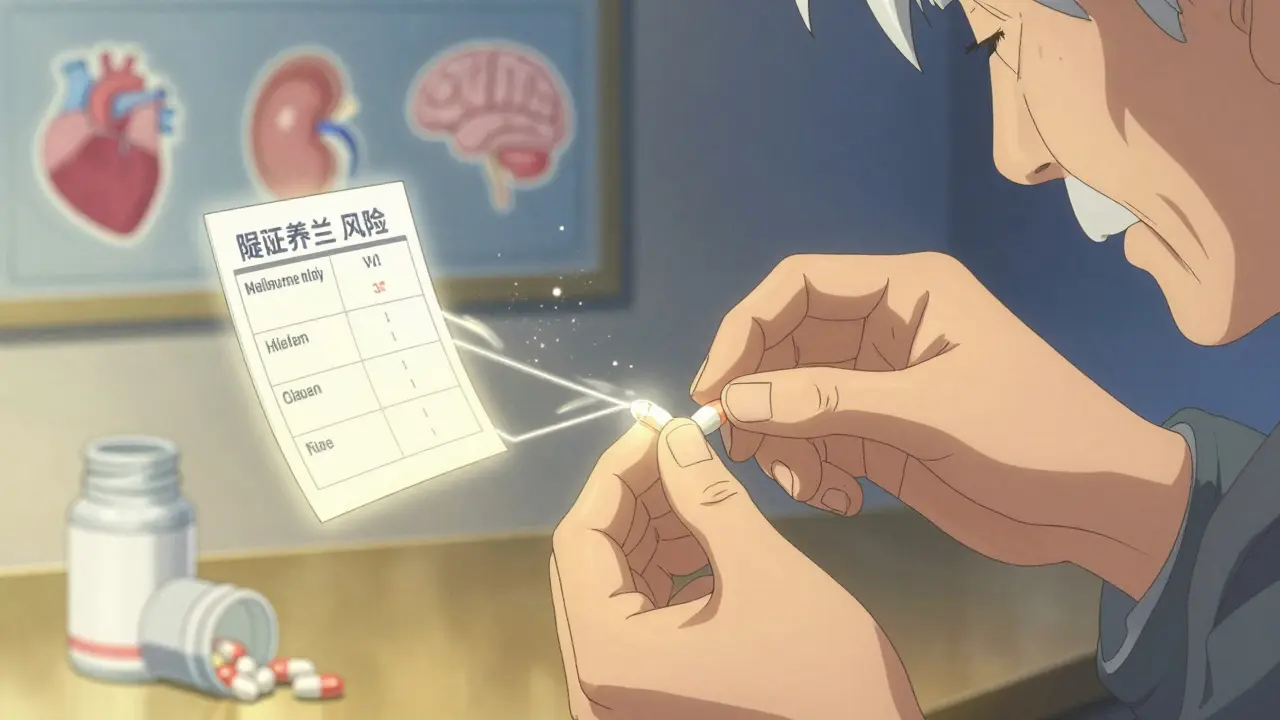 Hands carefully splitting a pill under a lamp, with floating health icons and discarded bottles turning to sparkles.