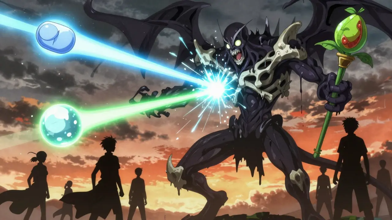 Heroic patients battling a shadowy acid monster with glowing medical treatments.