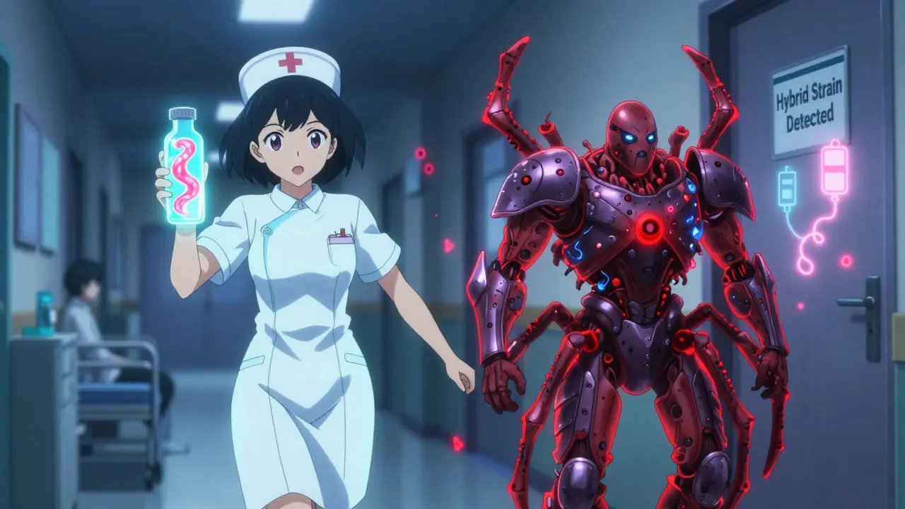 Nurse holding a test vial as two glowing MRSA strains battle in a hospital corridor