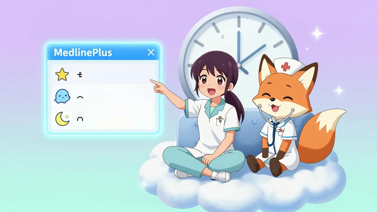Patient and fox companion viewing simplified side effect icons on a floating MedlinePlus screen.