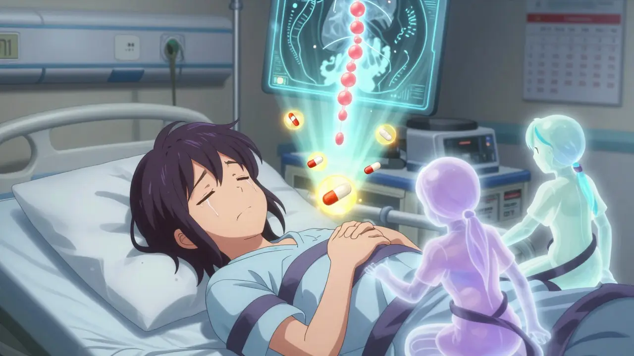 Patient surrounded by dark symptoms and a glowing MRCP scan in anime style