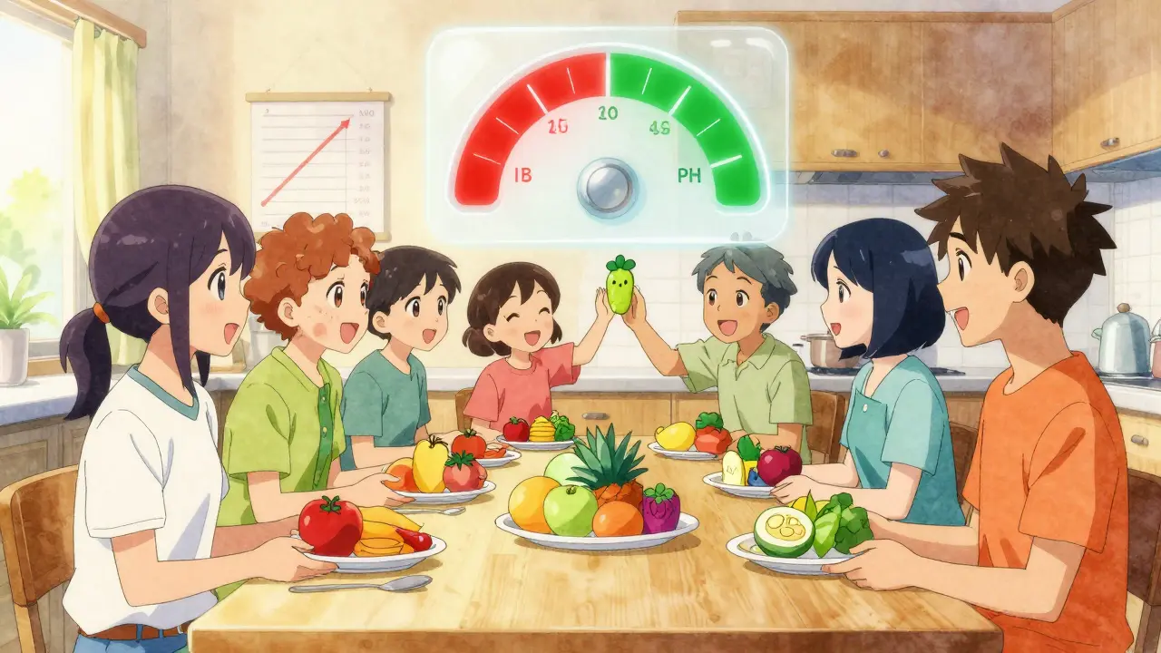 Patients eating colorful fruits and vegetables as a scale shifts from red to green.