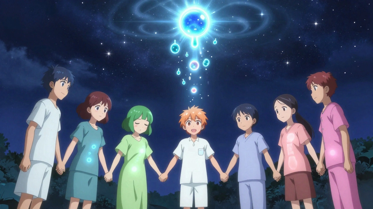 Patients holding hands under stars as a drug molecule brings healing light, anime style.