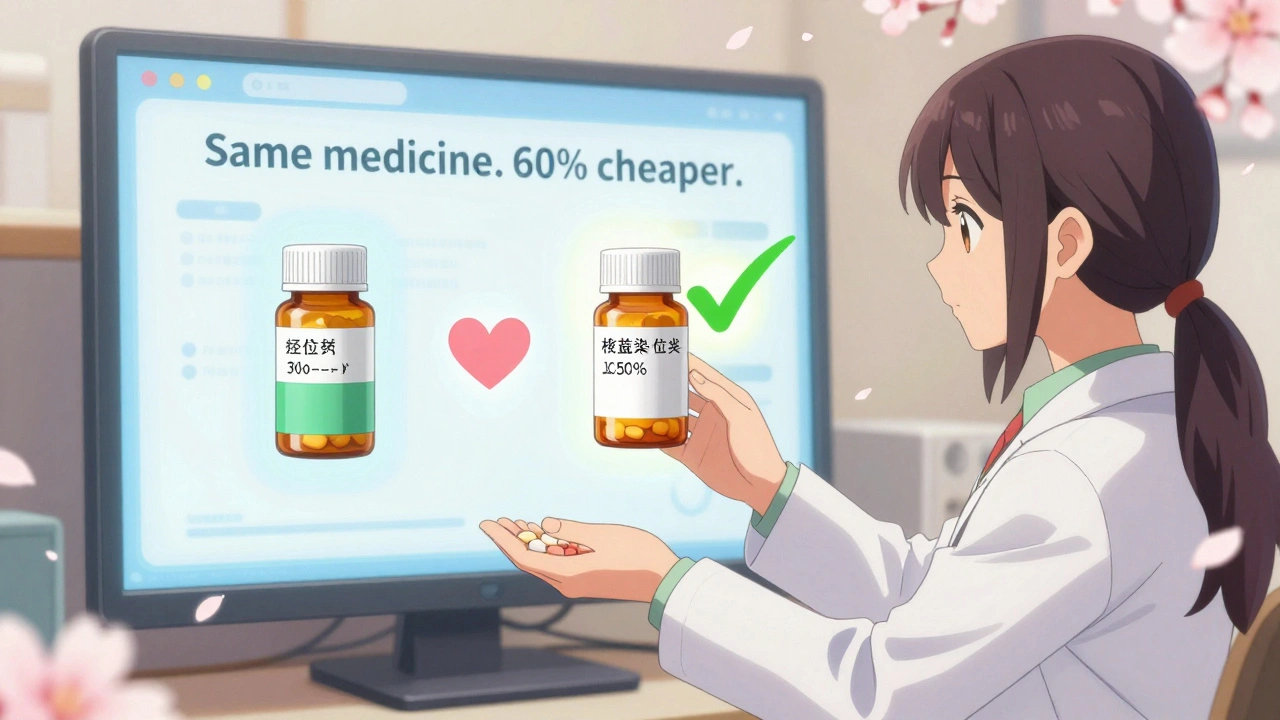 Pharmacist gives patient a generic pill with a green checkmark and price comparison in the air.