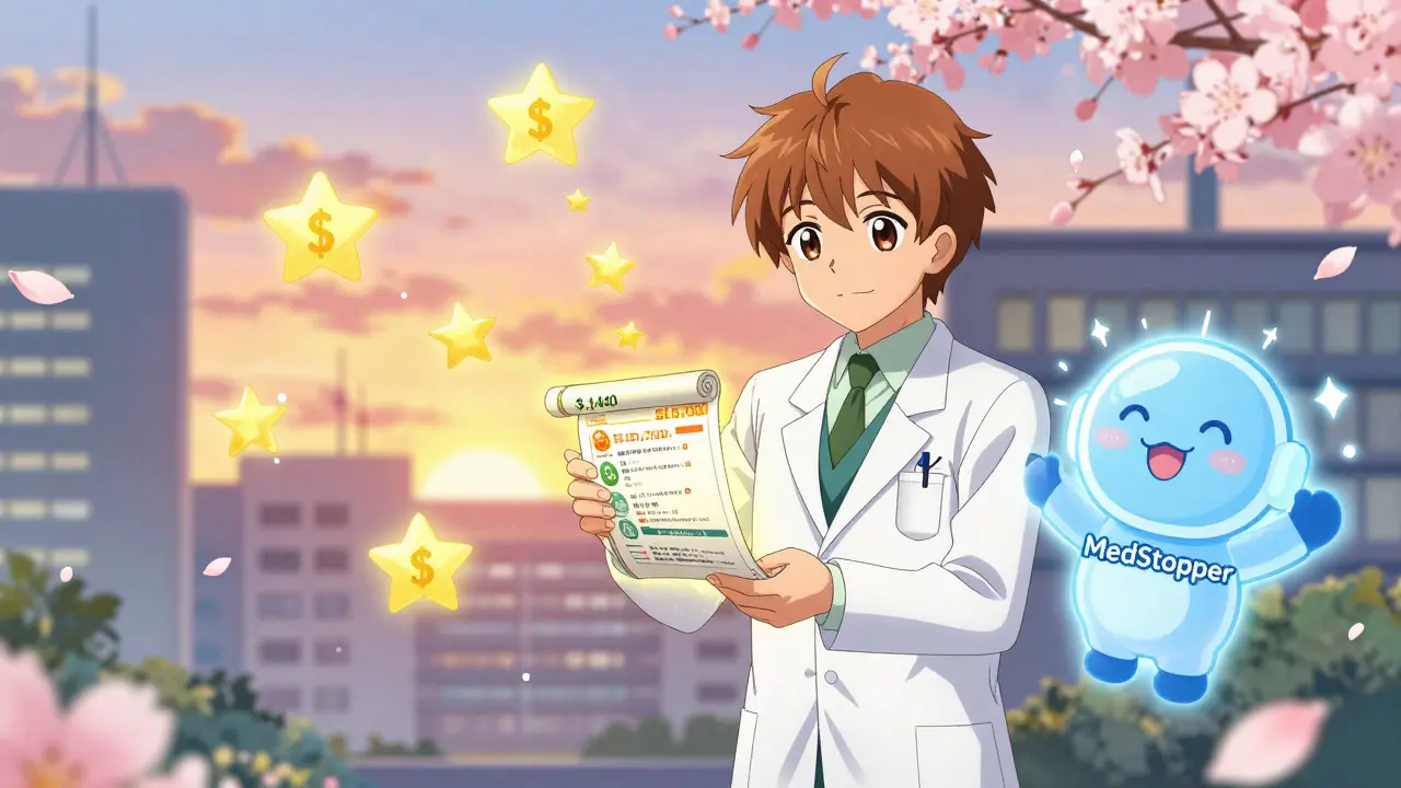 Pharmacist giving a senior a glowing medication plan as savings and stars float around them in a cozy pharmacy.