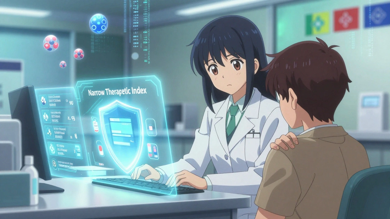 Pharmacist surrounded by holographic medical data, protective shield over high-risk drugs in anime style.