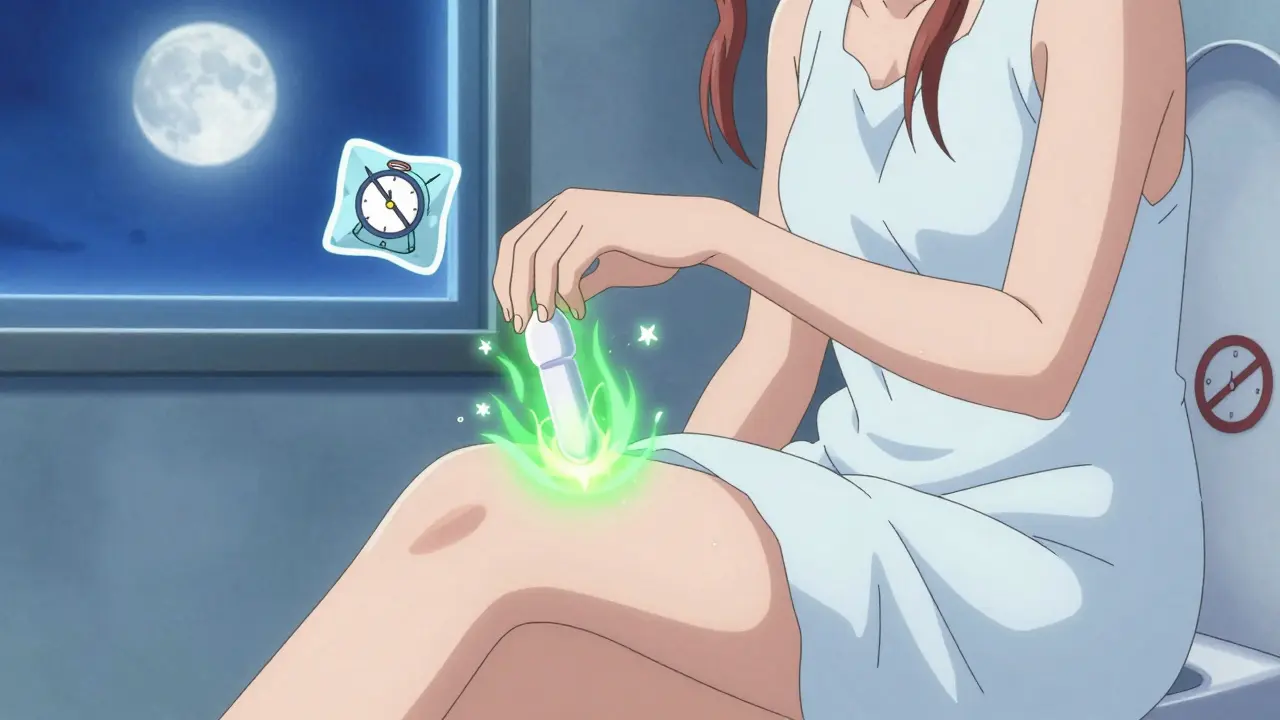 Someone applying a suppository in a softly lit bathroom with healing sprites.