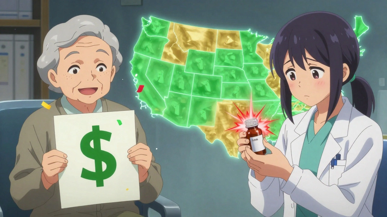 Split scene: happy senior saving money vs. worried teen with epilepsy meds, U.S. map glowing behind.