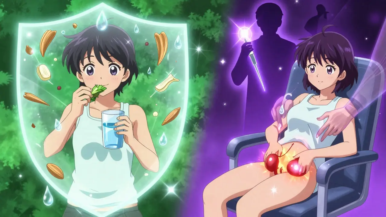 Split scene: healthy habits on one side, hemorrhoids being treated on the other.