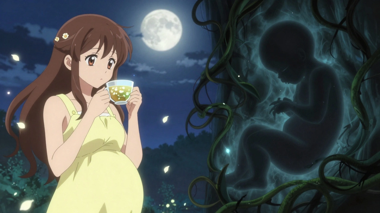 Split scene of chamomile tea’s beauty versus shadowy fetal risks in magical girl anime style.