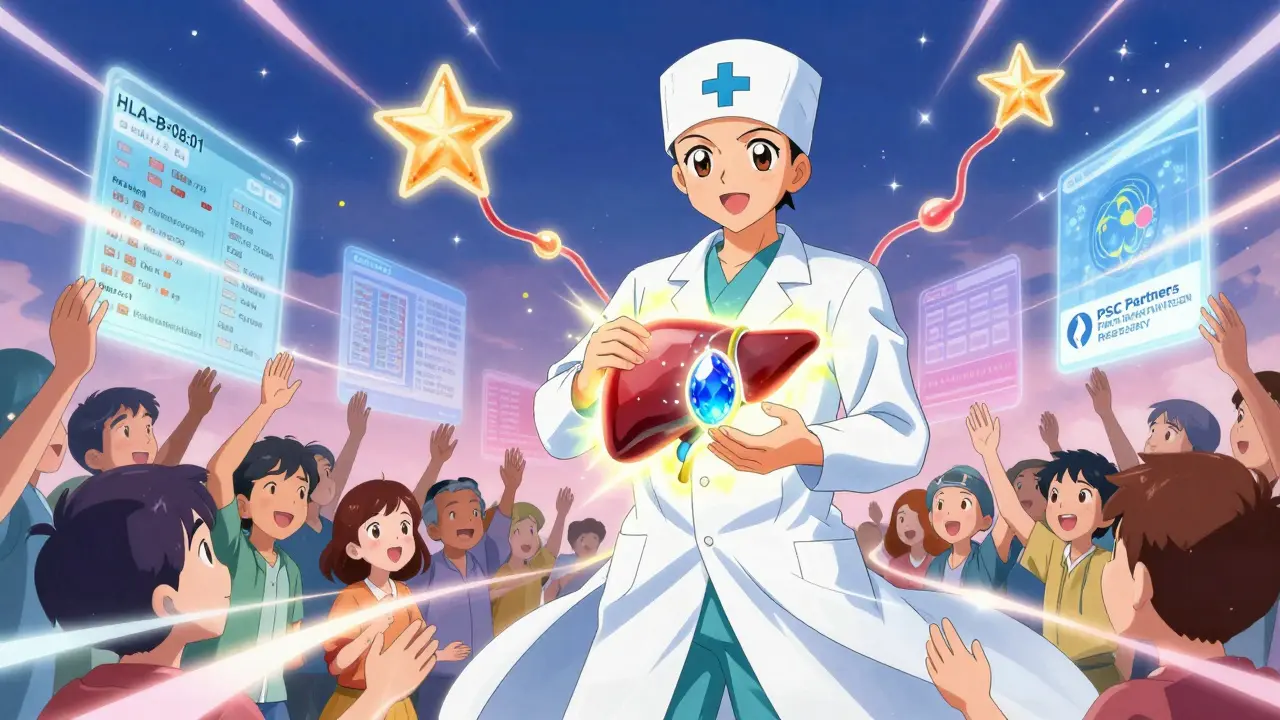 Surgeon holding a new liver as patients reach out with hope in anime style