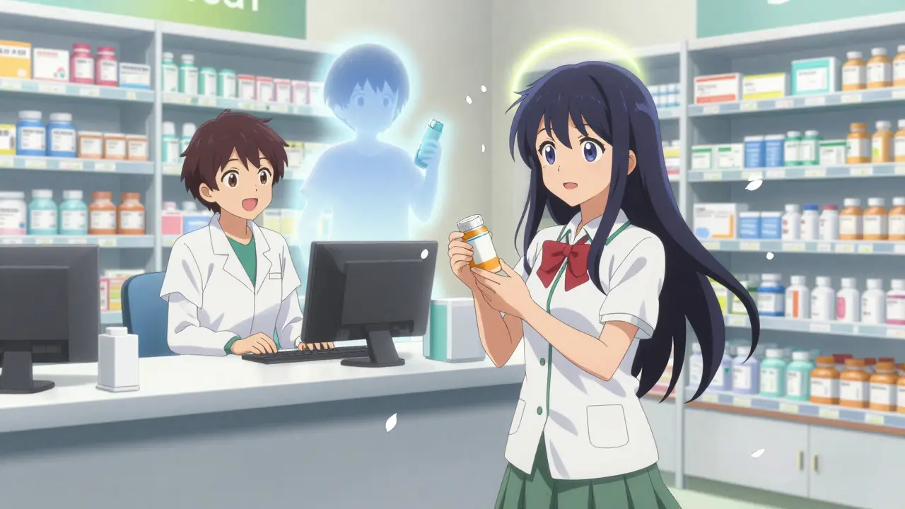 Teen asking a pharmacist about medication while symbolic flowers fall around them.