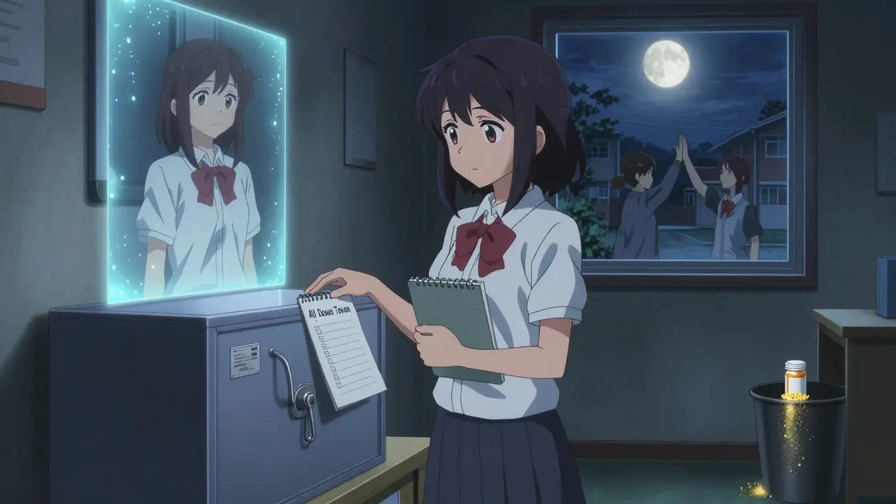 Teen closing a locked medication box with a checklist, future self visible in a glowing portal.