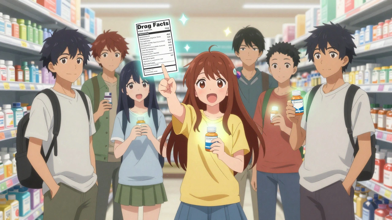 Teens in a pharmacy hold store-brand meds that emit healing light, with a floating label showing identical ingredients to name brands.