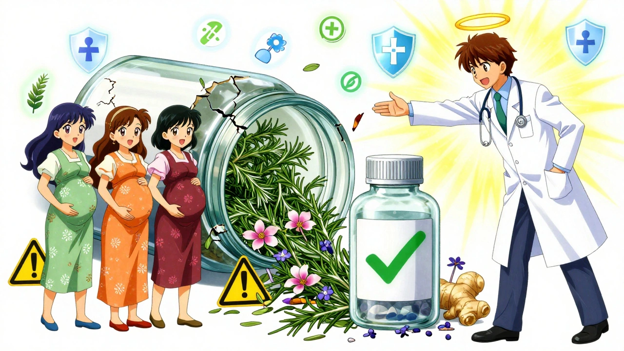 Three pregnant women guided by a doctor away from dangerous herbs toward safe ginger supplement.