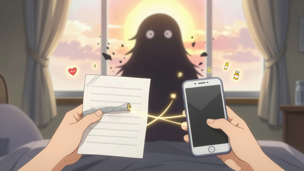 Two hands connect paper and digital logs with a golden thread, dissolving an overdose shadow under a sunrise.