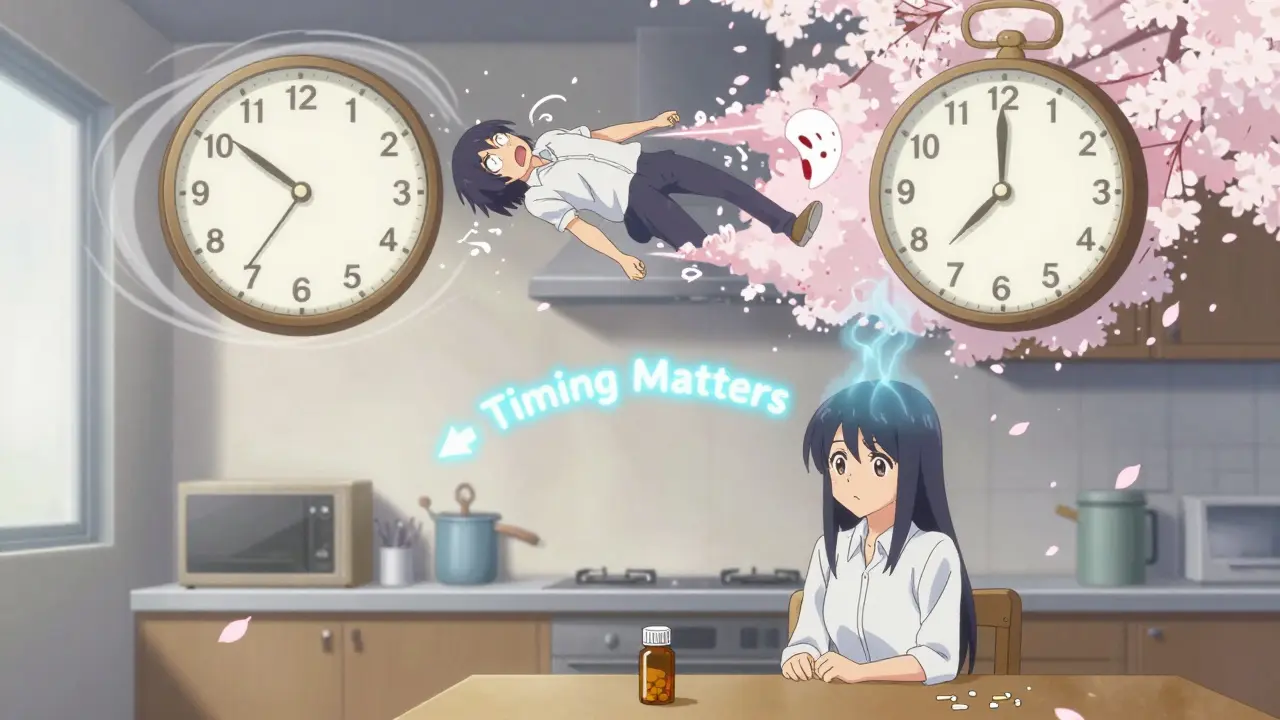 Two timelines showing a rapid allergic reaction versus delayed side effect, with a clock dissolving into petals.