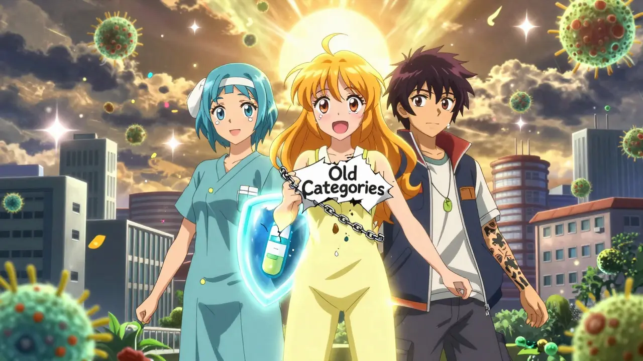 Two warriors merging into one, breaking chains labeled 'Old Categories' under a rising sun