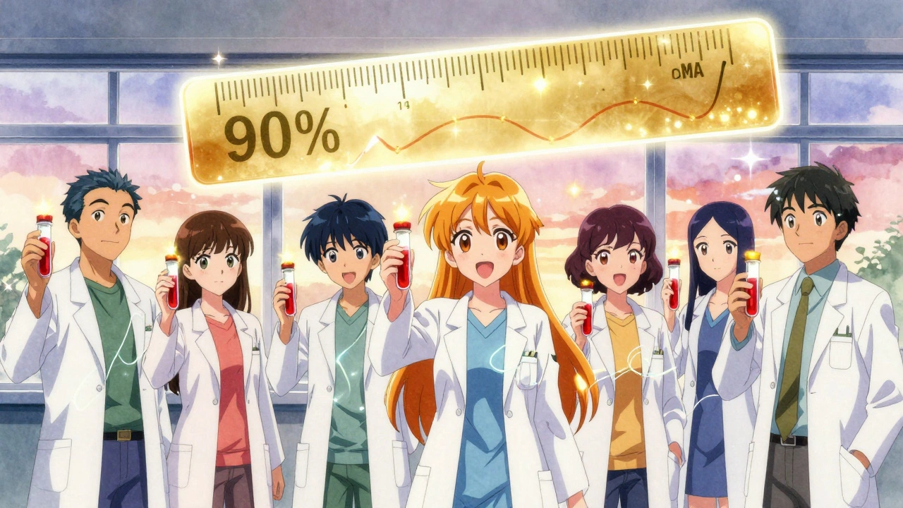 Volunteers in lab coats holding glowing blood vials that turn into AUC and Cmax curves, with a golden 90% confidence interval ruler above them.