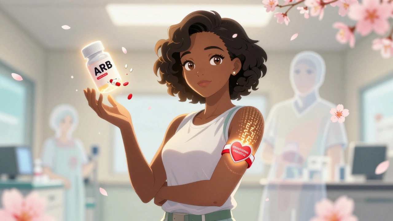 Woman holding medical alert bracelet, glowing ARB pill beside broken ACE bottle, cherry blossoms falling, genetic code softly glowing on her arm.