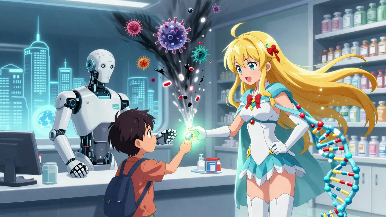 A child transforms into a superheroine holding a glowing FDC tablet that defeats drug-resistant bacteria.