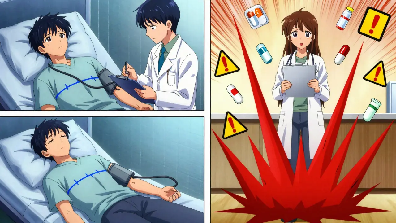 A doctor measuring blood pressure with a dramatic red drop in the reading, surrounded by glowing medication icons.