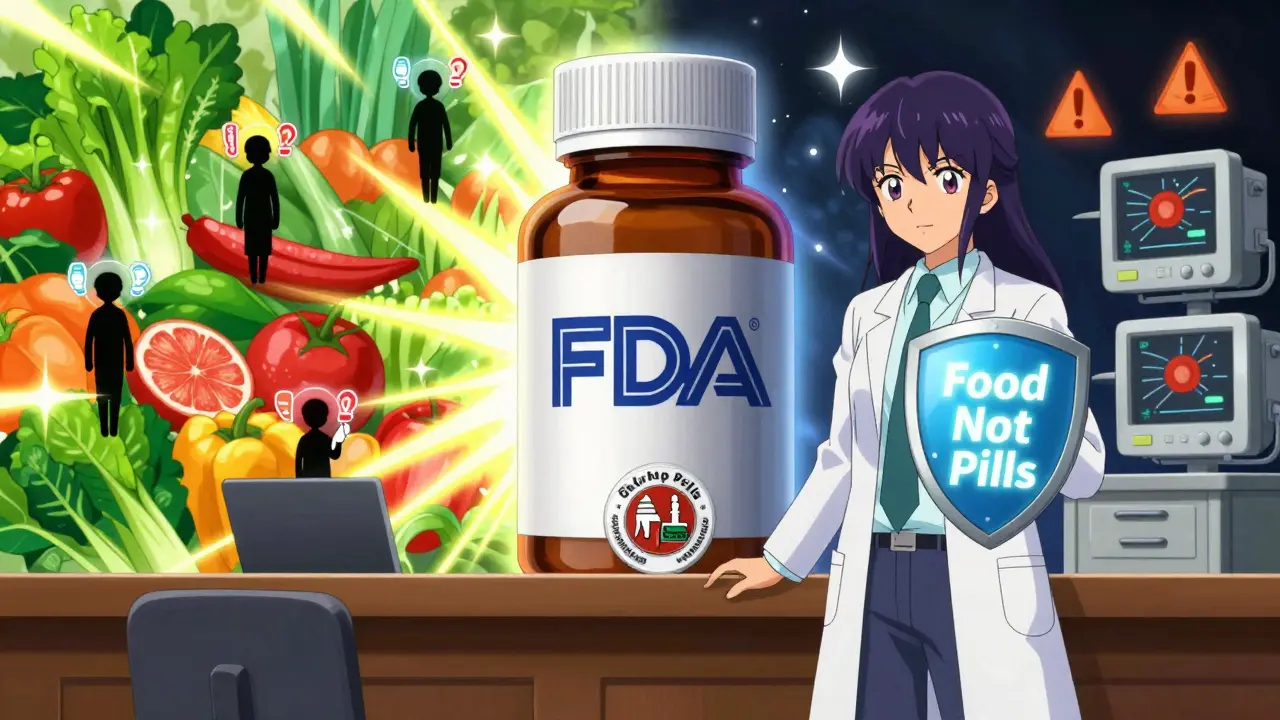 A giant quercetin bottle vs. FDA badge in a courtroom, with food and hospital worlds divided.