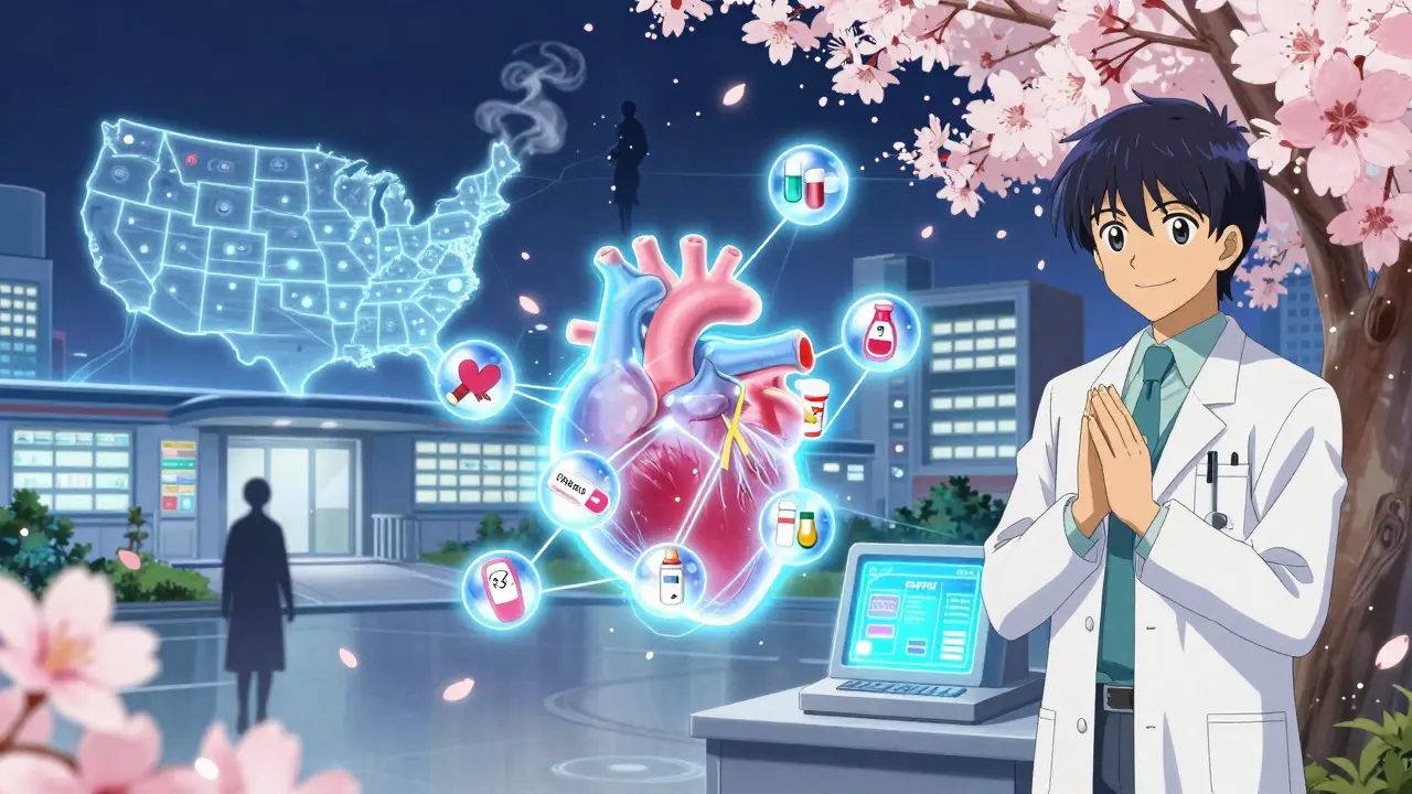 A glowing national patient identifier chain encircling a heart, connecting medical records across clinics with light.