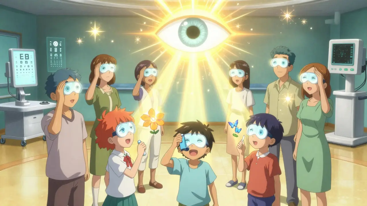 A group of patients holding protective eye shields, bathed in healing light, with symbols of medicine transforming into flowers and butterflies.