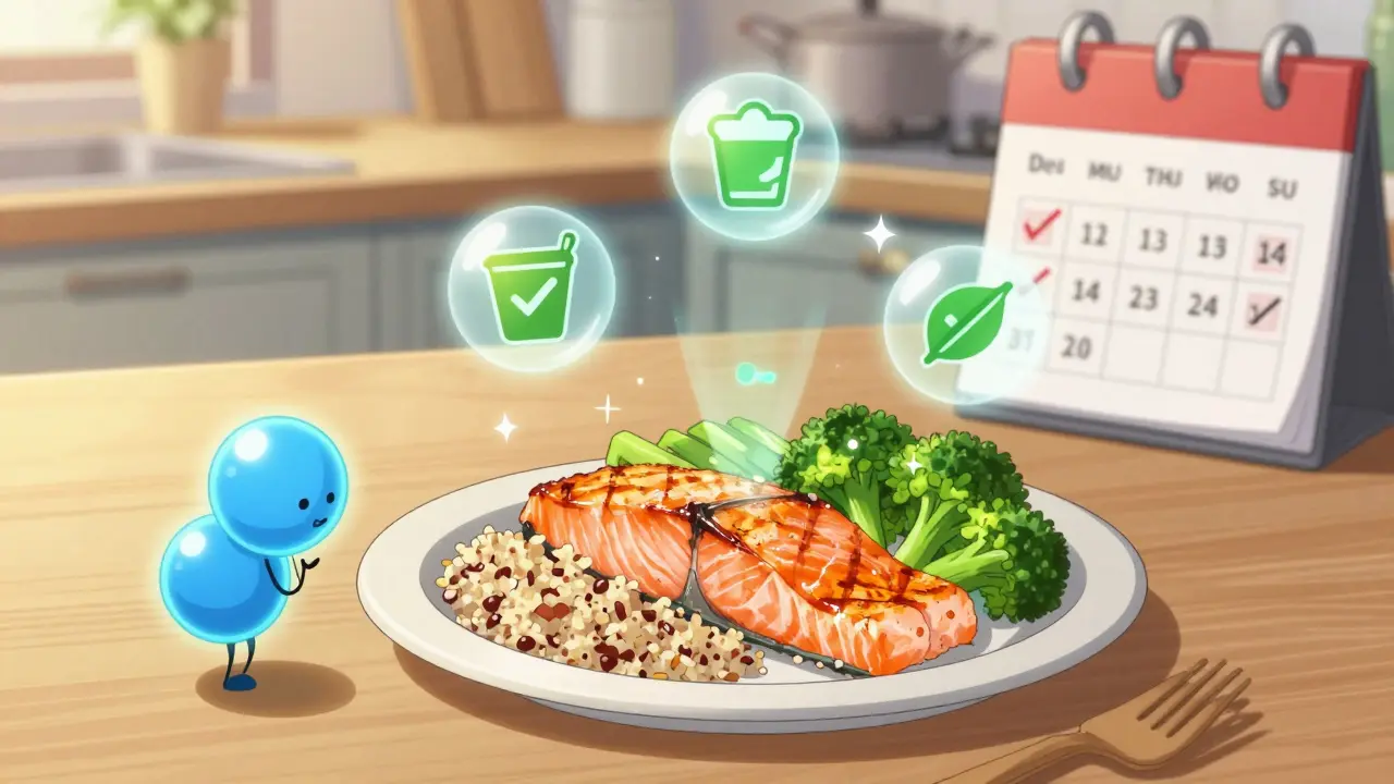 A healthy meal with floating nutrition icons, representing balanced eating for blood sugar control.