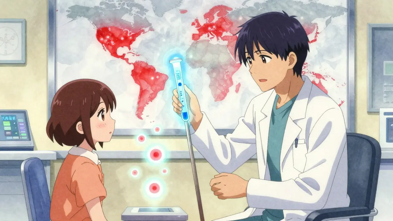 A magical medical test chamber with glowing immune cells and a world map showing high-TB-risk regions.