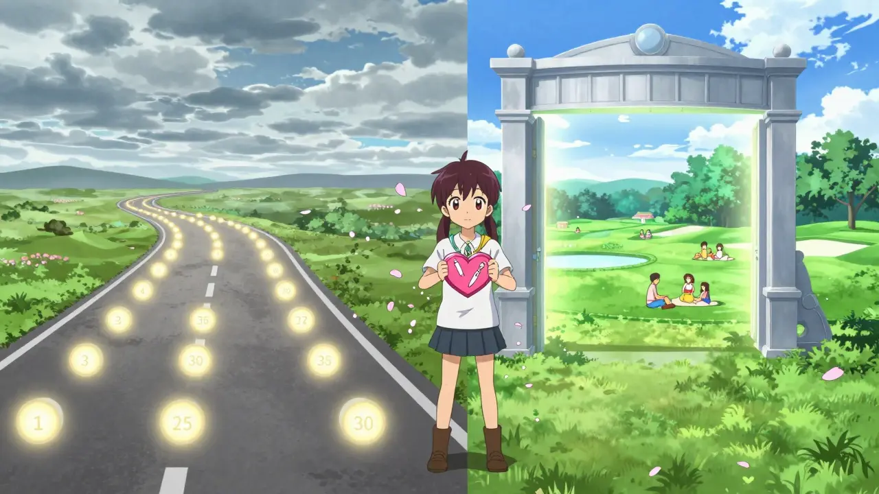 A patient chooses between two paths: daily radiation treatments or single surgery leading to recovery.