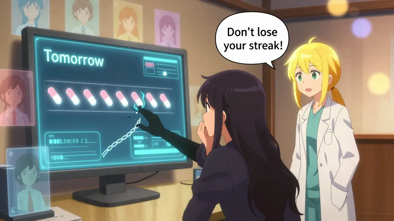 A patient facing a digital streak of pill reminders, with a shadowy 'Tomorrow' trying to break it, while a friend encourages them.