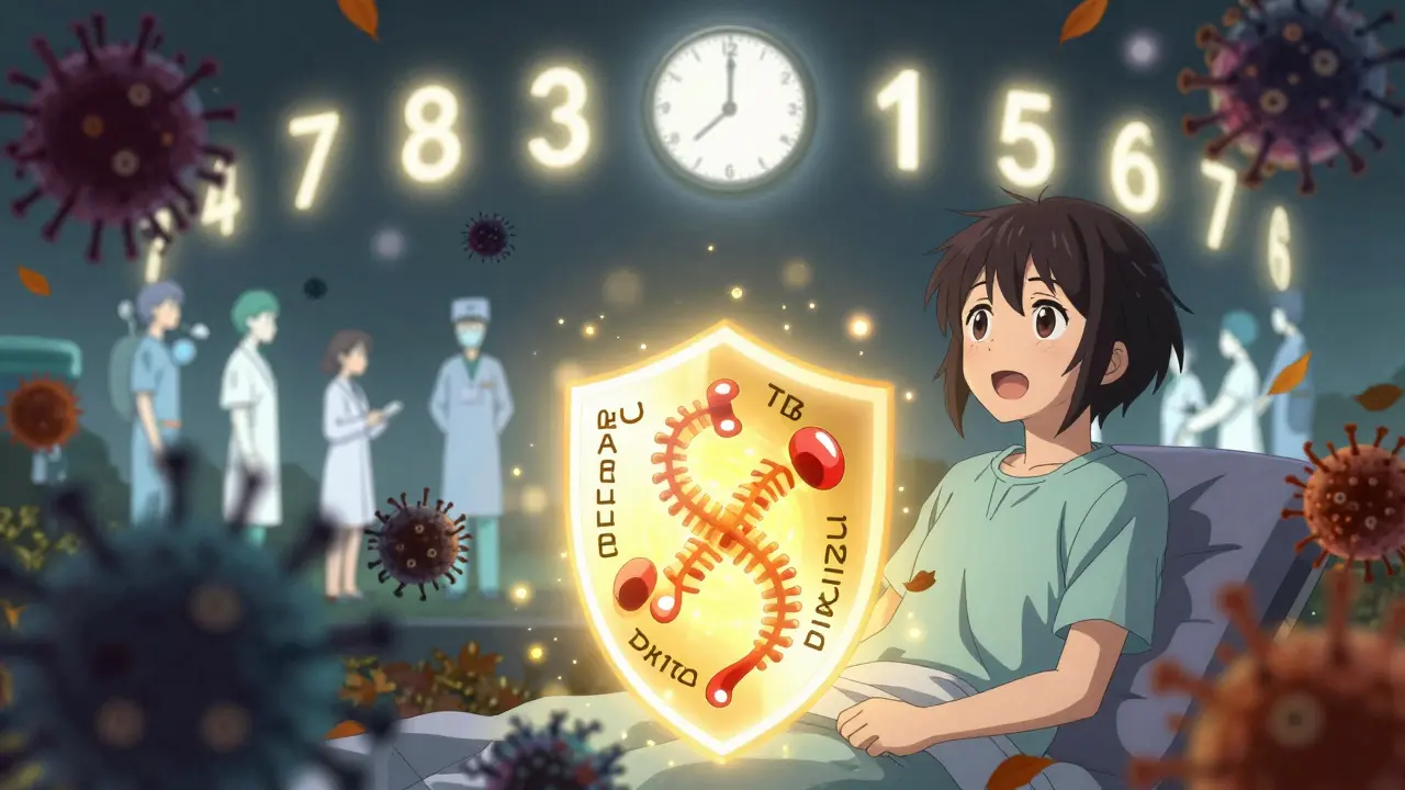 A patient protected by radiant TB-treatment runes, shadowy bacteria fleeing as days count down in the sky.