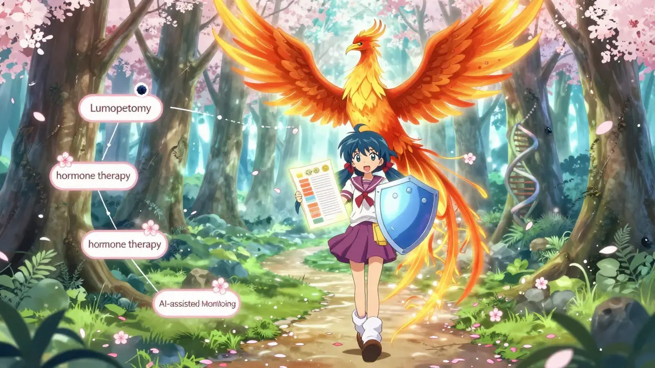A person walks a glowing path of treatments through a forest, with a DNA phoenix rising behind them.