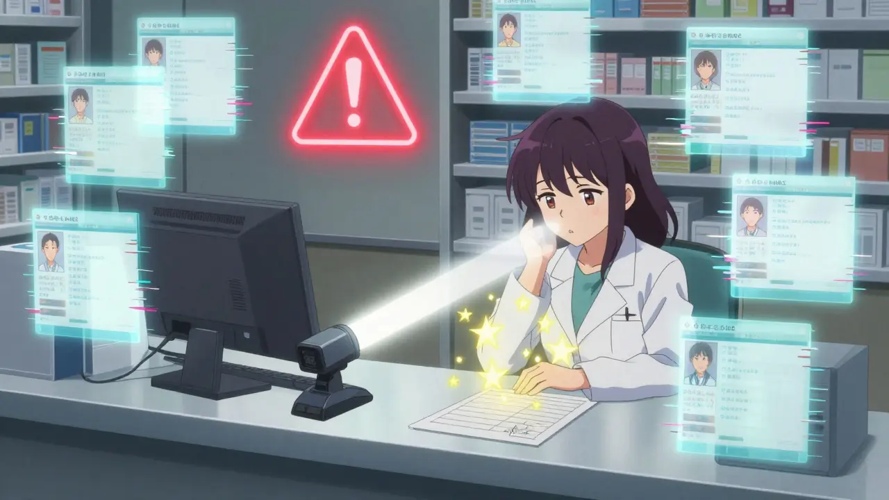 A pharmacist at a busy counter surrounded by glitching patient records, with a single barcode scanner emitting a saving light.