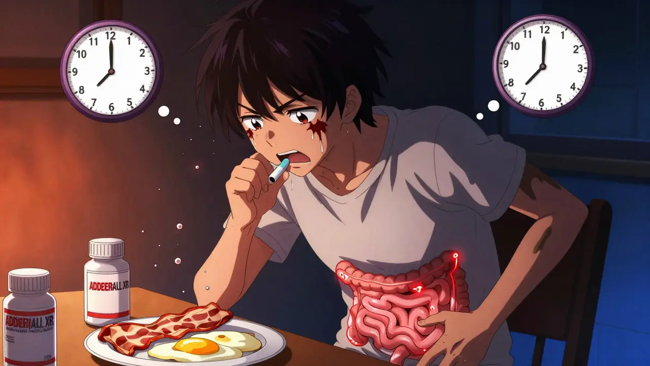 A teen feels sluggish after taking ADDERALL XR with a fatty breakfast, dark shadows spreading.