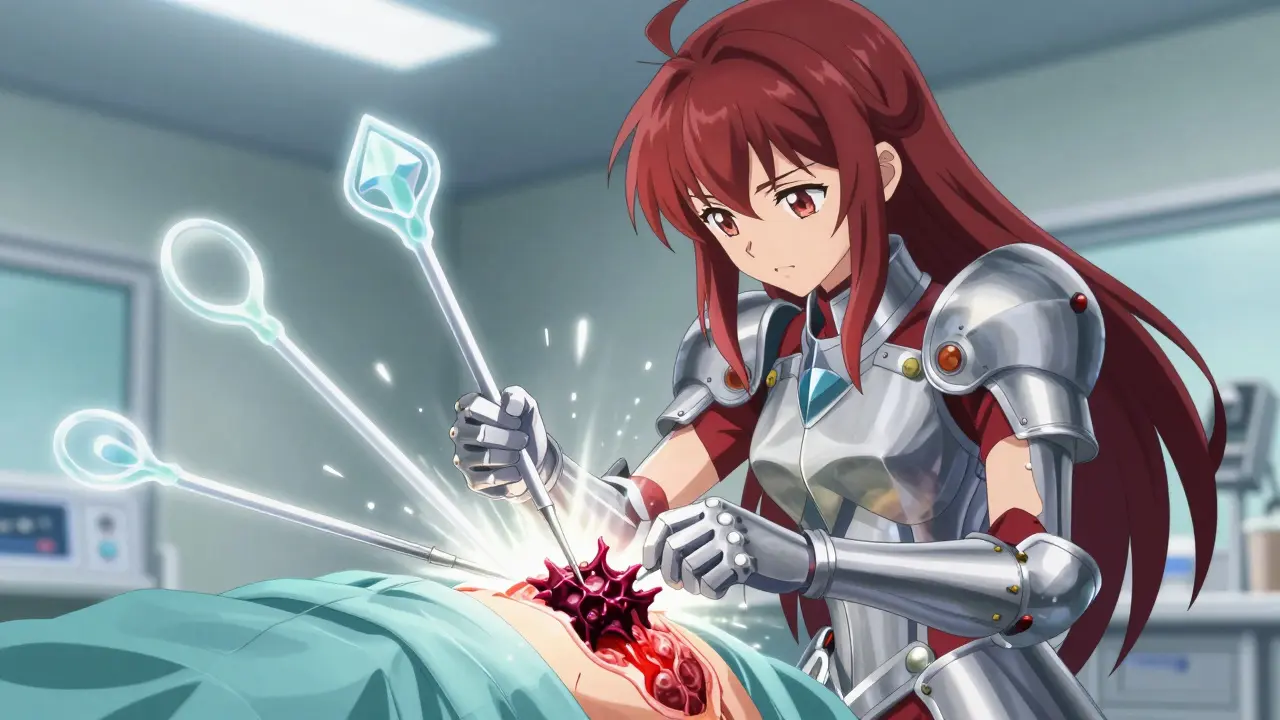 A warrior in armor carefully removes a cancerous growth with glowing surgical tools.