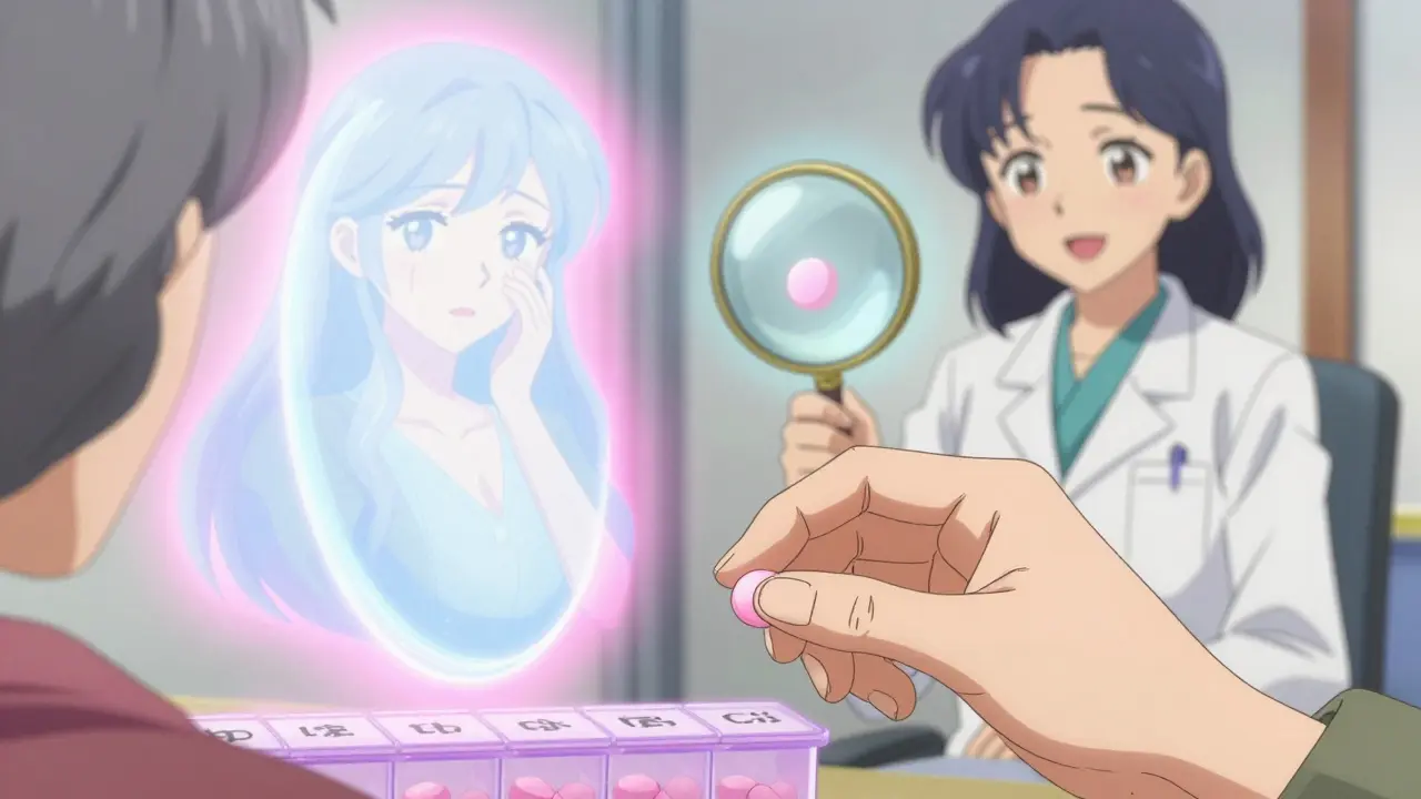 An elderly woman placing a new pink pill into an organizer while a ghostly image of her old white pill hovers beside her.