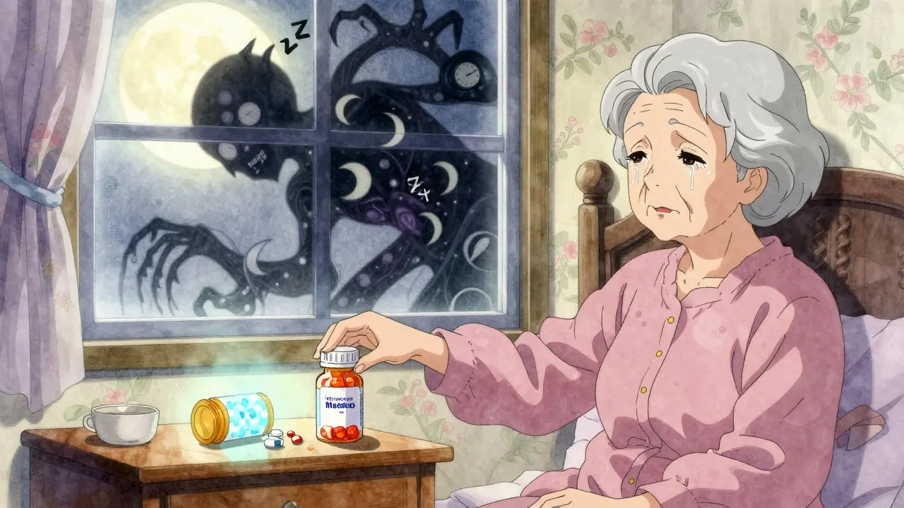 An elderly woman reaches for melatonin gummies as her shadow transforms into a monstrous sleep creature under moonlight.