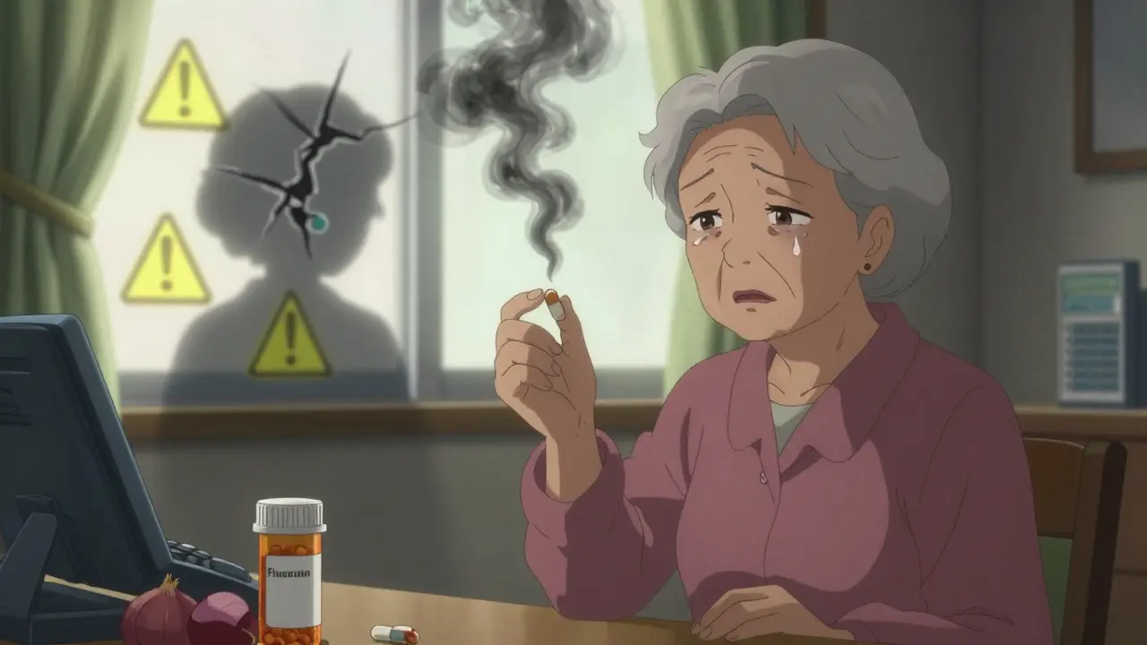 An elderly woman with floating prescription drugs dimming as a quercetin capsule emits dark smoke.