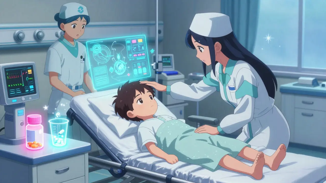 Child in hospital being monitored by medical staff with glowing holographic readouts, parent beside them.