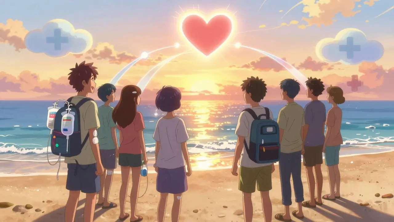 Diverse patients on a beach, one with dialysis bags, another with a portable cycler, both smiling as sunlight reflects off the ocean.