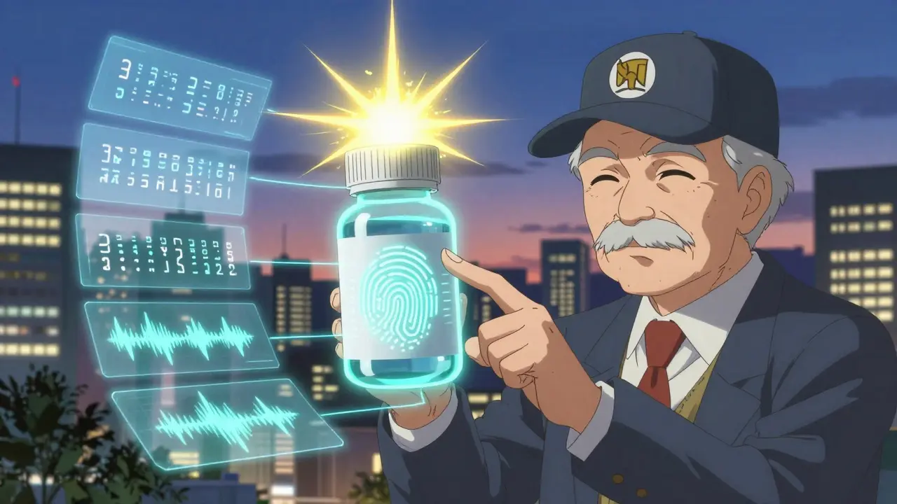 Elderly man activating a biometric pill cap that glows with holographic labels floating around it.