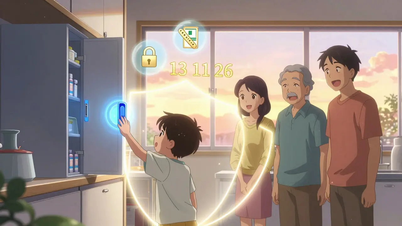 Family installing a locked medicine cabinet with glowing safety barrier protecting child from access.