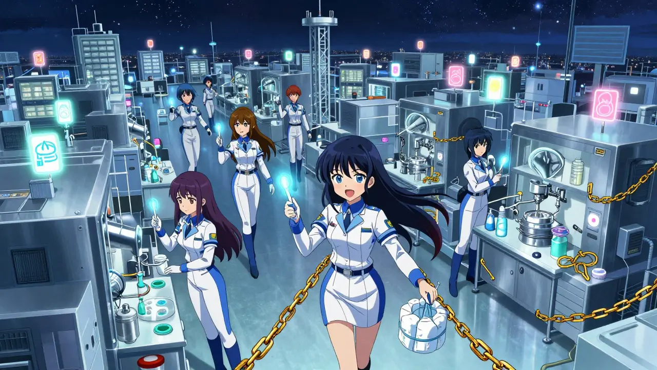 FDA inspectors in uniforms inspecting global drug factories with glowing tools, under a starry sky.