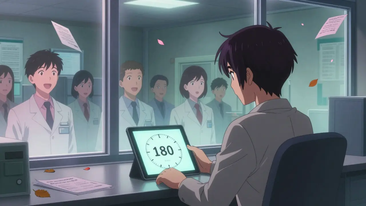 Generic CEO staring at a paused exclusivity clock while other manufacturers are frozen behind glass, soft pink and teal lighting.