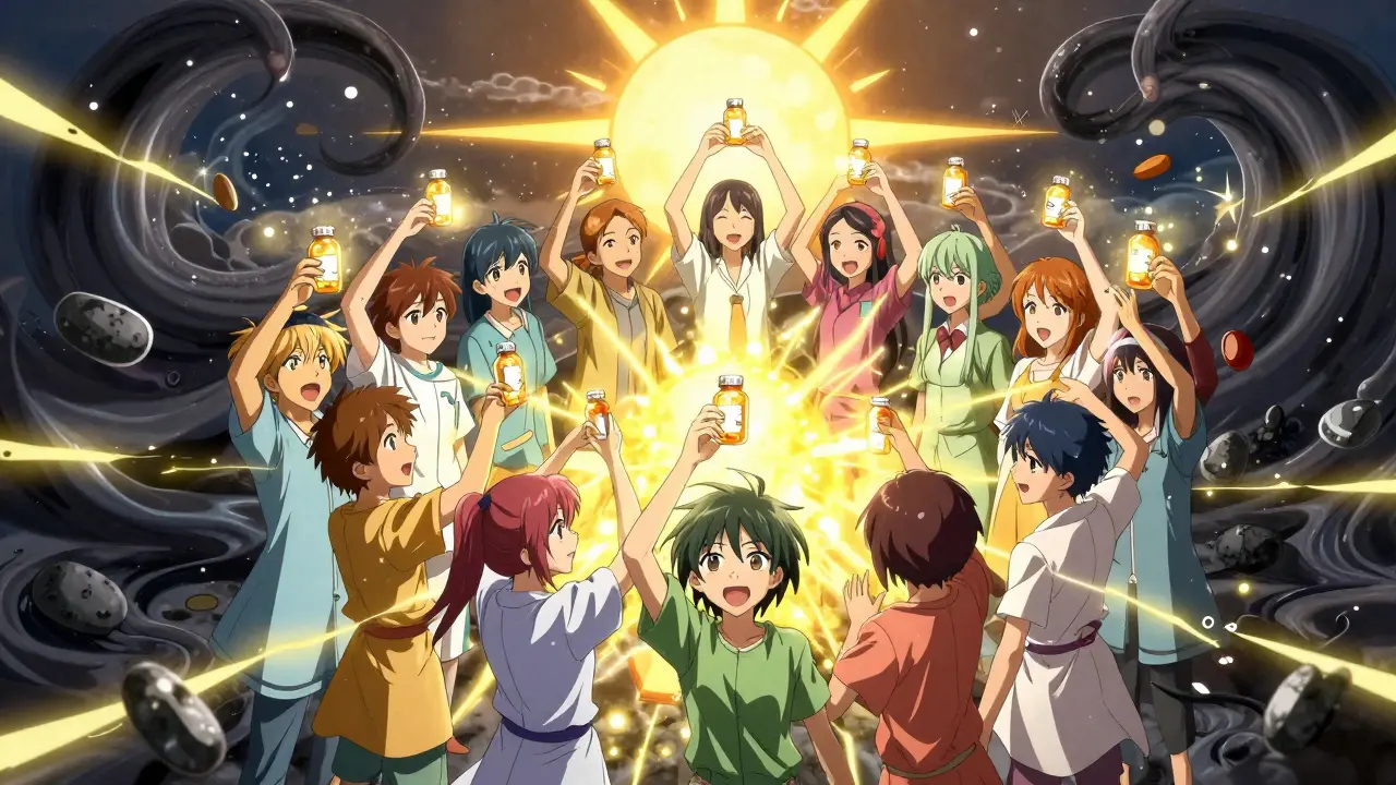 Patients form a glowing circle holding pill bottles, shielding themselves from dark contaminants with golden light.