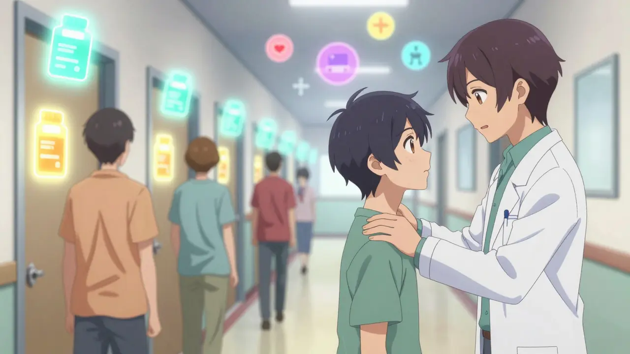 Patients walking past glowing default prescription icons in a clinic hallway, guided by a doctor reflecting a healthier future.